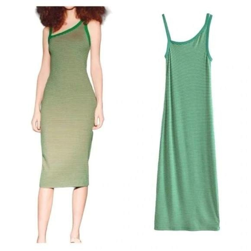GUC ZARA Pink Green mirco stripe Sleeveless bodycon midi‎ dress M one shoulder